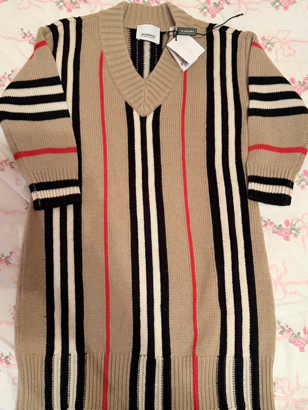 Burberry Beige, Black, White & Red Striped Knit Dress - Girls